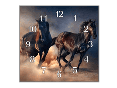 Glasdekor Nástěnné hodiny 30x30cm černý kůň v běhu - Materiál: kalené sklo
