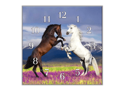 Glasdekor Nástěnné hodiny 30x30cm bílý a hnědý kůň - Materiál: kalené sklo