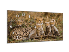 Glasdekor Nástěnné hodiny 30x60cm leopardí samice s mláďaty - Materiál: kalené sklo