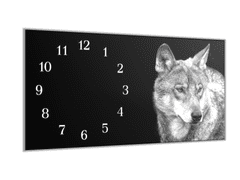 Glasdekor Nástěnné hodiny podélné 30x60cm šedý vlk - Materiál: kalené sklo