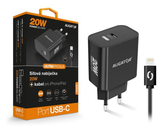 Aligator Chytrá síťová nabíječka Power Delivery 20W, USB-C kabel pro iPhone/iPad, černá