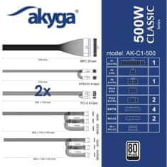 Akyga PC zdroj ATX 500W P4+4 2x PCI-E 6+2 pin 4x SATA 2x Molex APFC 120mm