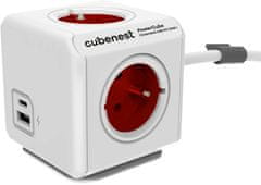 CubeNest PowerCube Extended prodlužovací přívod 1,5m, 4 zásuvky + USB A+C PD 20 W, červená