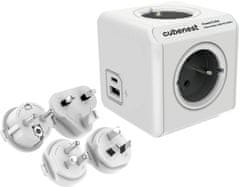 CubeNest PowerCube Rewirable rozbočka, 4 zásuvky + USB A+C PD 20 W, 4 světové koncovky, šedá