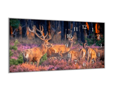 Glasdekor Nástěnné hodiny 30x60cm jelen a laně ve vřesovišti - Materiál: kalené sklo