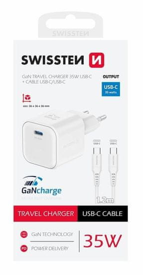 SWISSTEN síťový adaptér GaN 1× USB-C 35W PD bílý + datový kabel USB-C/USB-C 1,2 m bílý (22070220)