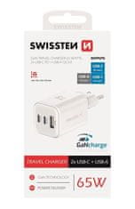 SWISSTEN síťový adaptér GaN 2x USB-C 65W PD + 1x USB-A 18W QC bílý (22071400)