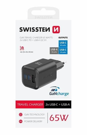 SWISSTEN síťový adaptér GaN 2x USB-C 65W PD + 1x USB-A 18W QC černý (22071410)