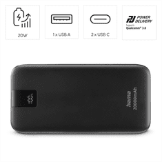 Hama PD 20 powerbanka, 20000 mAh, 3 výstupy: 2x USB-C, 1x USB-A, LED displej, PD, Qualcomm