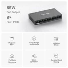 Mercusys MS110P - Desetiportový stolní switch s 8 porty 10/100 Mb/s PoE+