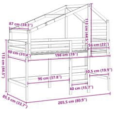 Vidaxl Patrová postel s žebříkem a střechou bílá 80 x 200 cm borovice