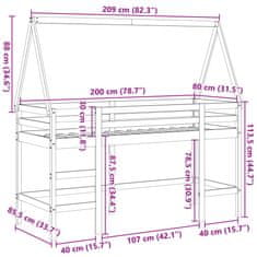 Vidaxl Patrová postel s žebříkem a střechou 80 x 200 cm borovice