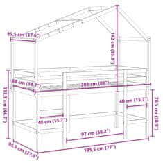 Vidaxl Patrová postel s žebříkem a střechou 90 x 190 cm borovice