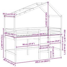 Vidaxl Patrová postel s žebříkem a střechou bílá 90 x 200 cm borovice