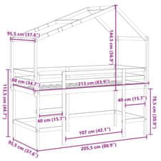 Vidaxl Patrová postel s žebříkem a střechou bílá 90 x 200 cm borovice