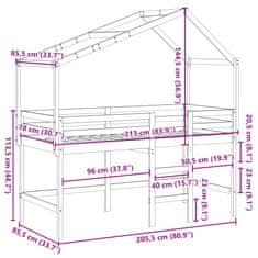 Vidaxl Patrová postel s žebříkem a střechou 80 x 200 cm borovice