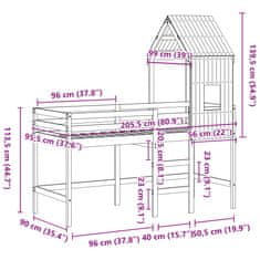 Vidaxl Patrová postel s žebříkem a střechou 90 x 200 cm borovice