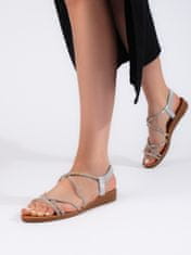 Amiatex Designové dámské stříbrné sandály na plochém podpatku, Srebrny, 39