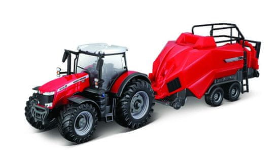 BBurago 1:50 Farm Traktor Massey Ferguson 8740S + Baler Lifter Rood