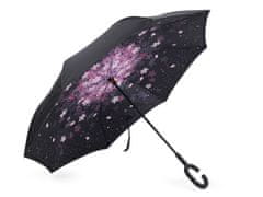 Obrácený deštník dvouvrstvý - fialovorůžová květy