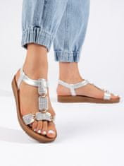 Amiatex Moderní sandály dámské stříbrné na plochém podpatku, Srebrny, 40