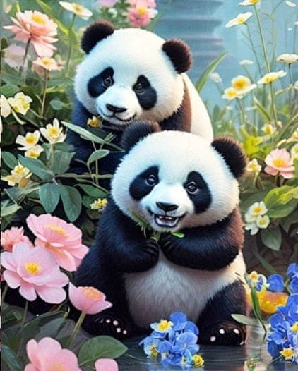 Norimpex Diamantová mozaika Zvířata Panda usmívající se v květinách u řeky 30X40