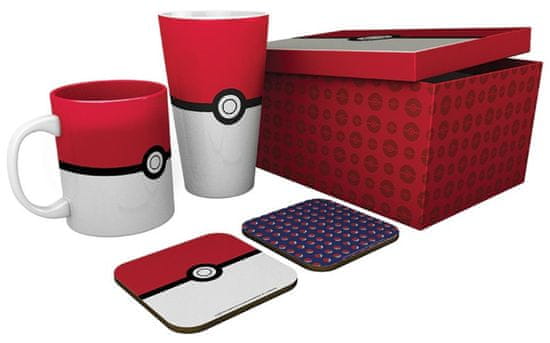 CurePink Dárkový set Pokémon: Pokéball (objem sklenice 500 ml, hrnek 300 ml, 2 tácky 10 x 10 cm)