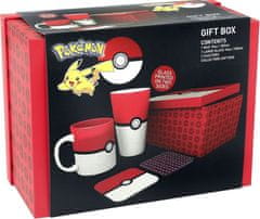 CurePink Dárkový set Pokémon: Pokéball (objem sklenice 500 ml, hrnek 300 ml, 2 tácky 10 x 10 cm)