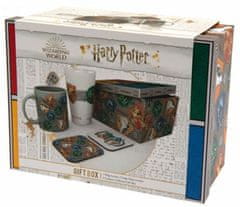 CurePink Dárkový set Harry Potter: Bradavické koleje (objem sklenice 500 ml, hrnek 300 ml, 2 tácky 10 x 10 cm)