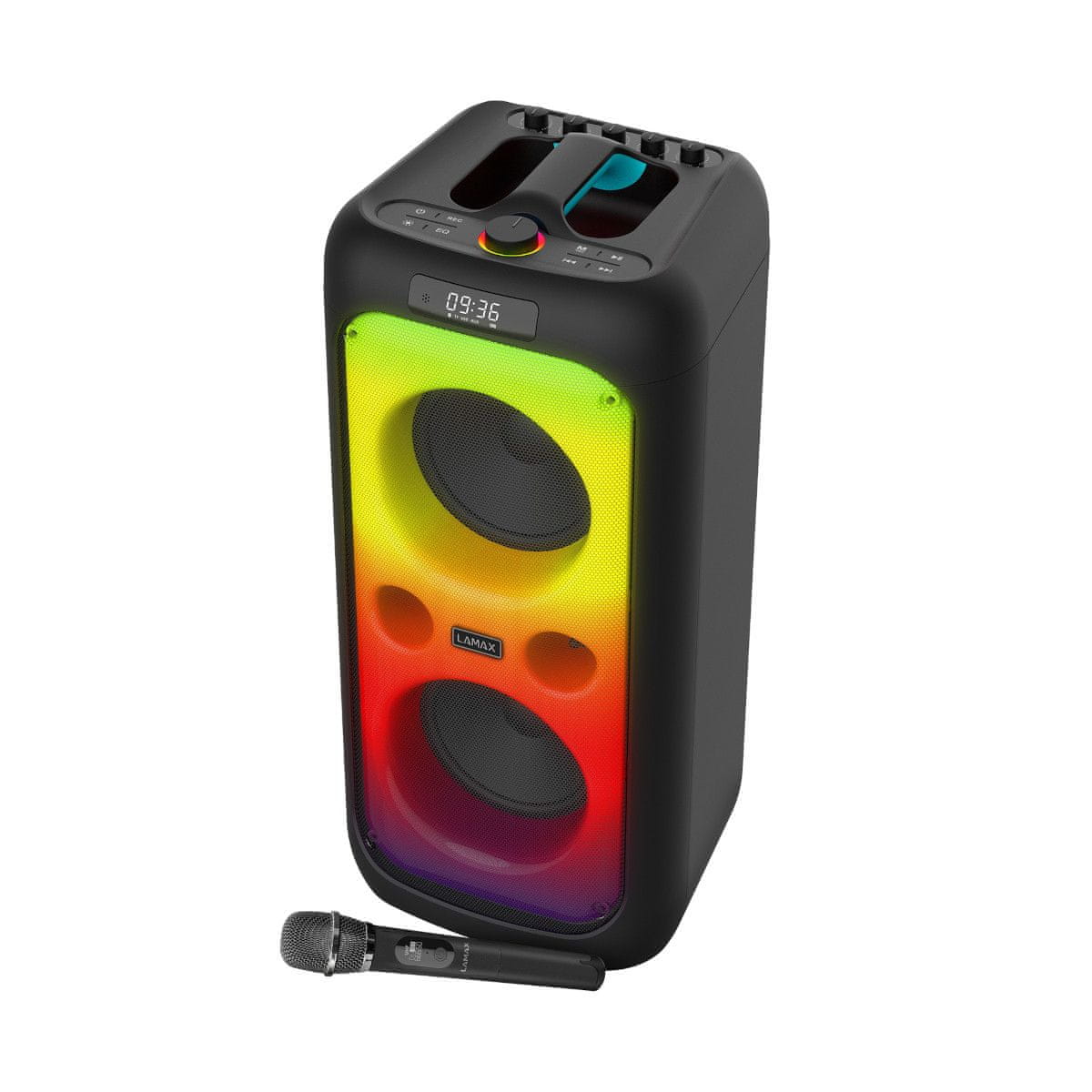  přenosný party reproduktor bluetooth lamax plus partyking1 super zvuk nabíjecí baterie bezdrátové párování karaoke 