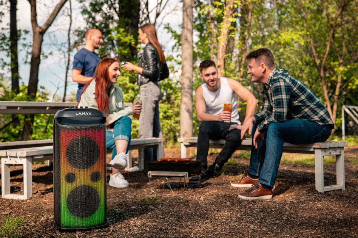  přenosný party reproduktor bluetooth lamax max partyking1 super zvuk nabíjecí baterie bezdrátové párování karaoke 