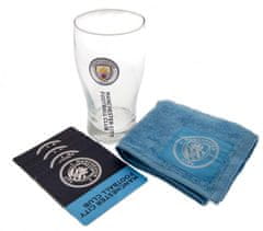 CurePink Bar set sklenice s tácky a ručníkem FC Manchester City: Wordmark (objem 470 ml)