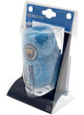 CurePink Bar set sklenice s tácky a ručníkem FC Manchester City: Wordmark (objem 470 ml)