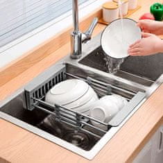 Netscroll Přizpůsobitelný odkapávač na nádobí a mytí potravin, nerezová ocel, kuchyňská pomůcka, stojan na pult, TopDrain