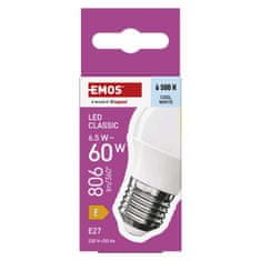 Emos LED žárovka Classic Mini Globe / E27 / 6,5 W (60 W) / 806 lm / studená bílá