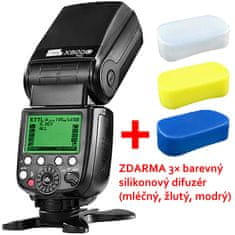 Pixel X800C PRO E-TTL blesk s integrovaným rádiovým přijímačem Pixel King pro Canon (Speedlite GN60, HSS) + 3× barevný silikonový difuzér