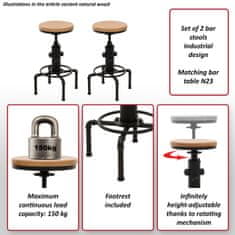 MCW Sada 2 barových stoliček N23, barová stolička výškově nastavitelná otočná podnožka průmyslová ocel masiv ~ příroda