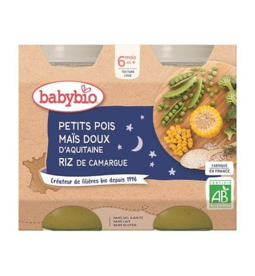 Babybio 2x Večerní menu hrášek sladká kukuřice rýže 200 g