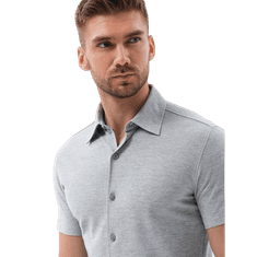 OMBRE Pánská pletená košile slim fit s krátkými rukávy a límečkem šedá MDN126143 L