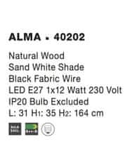 Nova Luce NOVA LUCE stojací lampa ALMA přírodní dřevo bílé stínidlo černý kabel E27 1x12W bez žárovky 40202