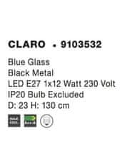 Nova Luce NOVA LUCE závěsné svítidlo CLARO modré sklo černý kov E27 1x12W 230V IP20 bez žárovky 9103532