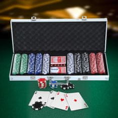 HOMCOM Pokerové Pouzdro Pokerová Sada 500 Pokerových Žetonů 2X Karetní Hra 5X Kostky 1X Hliníkové Pouzdro Pokerová Sada Pouzdro Na Žetony Hliník + Polystyren 55,5X22X6,5Cm 
