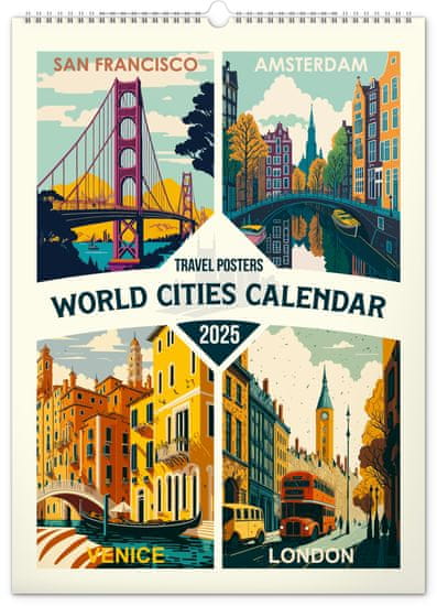 Presco Publishing NOTIQUE Nástěnný kalendář Cestovatelské plakáty – světová města 2025, 33 x 46 cm
