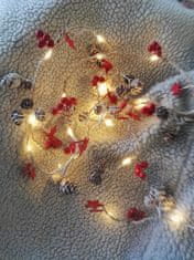 ACA Lightning  LED vánoční girlanda - hnědé šištičky na provázku s červenými hvezdičkami, teplá bílá