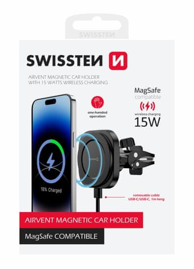 SWISSTEN Magnetický Držák Do Ventilace Auta Swissten Magstick Compact S Bezdrátovým Nabíjením 15W/7,5W (Kompatibilní S Magsafe) 8595217481428