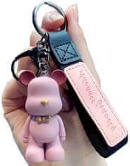 Camerazar Přívěsek Růžový Medvídek na Klíče, Stříbrný Kování, Syntetický Materiál a Slitina Neušlechtilých Kovů, 5.8x2.8 cm