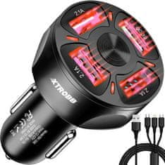 Xtrobb 4x USB Nabíječka do auta s Quick Charge 3.0, černá, měď/PVC/nylon, 115cm kabel