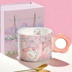 Flor de Cristal Keramický květinový hrnek s lžičkou, růžový, 280 ml + dárková krabička