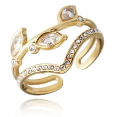 Flor de Cristal 14karátový pozlacený prsten z nerezové oceli se zirkony, světle zlatá barva, odolný vůči povětrnostním vlivům