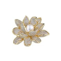 Flor de Cristal Elegantní Ozdobná Křišťálová Brož FLOWER Pearl, 4,2 x 3,7 cm, Slitina Obecných Kovů Bez Niklu a Chromu